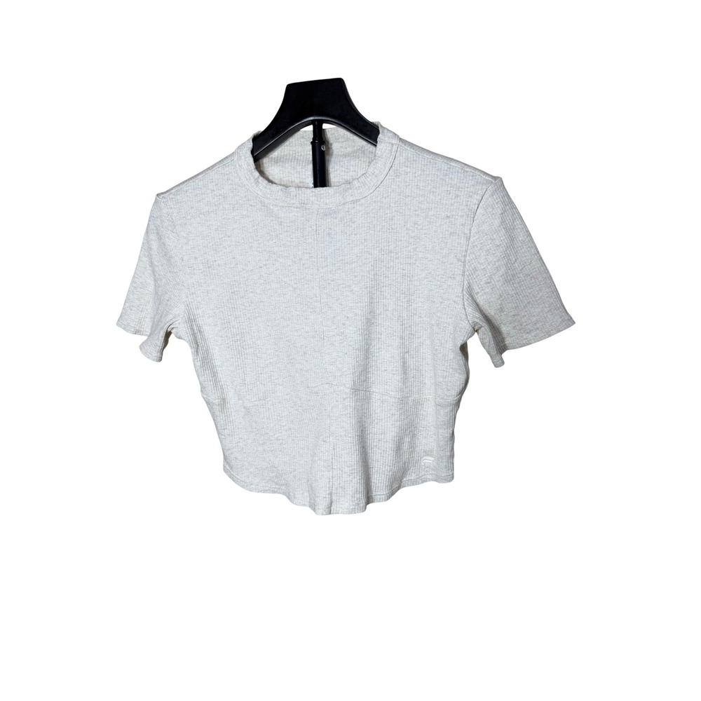 Fabletics Womens Light Gray Heather Ribbed Short Sleeve Crop Top Size‎ L